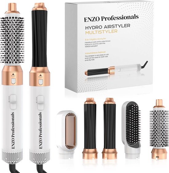 ENZO Hydro Airstyler Multistyler met alle opzetstukken en verpakking: styling handvat, volume borstel, smoothing brush, krulborstels en föhn opzetstuk.