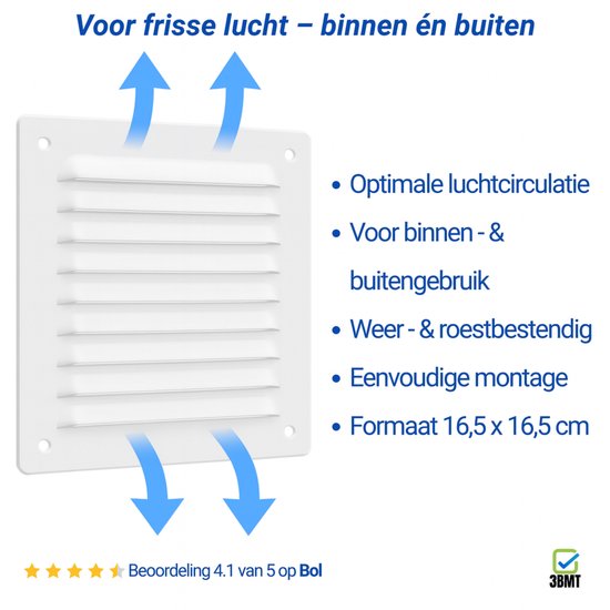 Wit ventilatierooster met blauwe pijlen die luchtcirculatie aangeven. Tekst: 'Voor frisse lucht - binnen én buiten'. Beoordeling 4.1 van 5.
