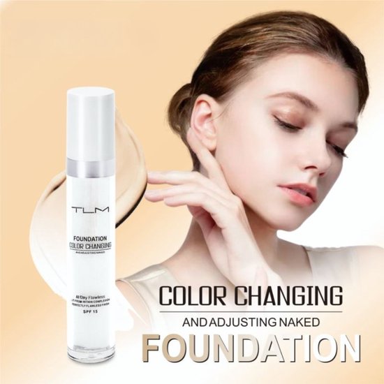 Een model dat de hals aanraakt, naast een flesje foundation en de tekst 'Color Changing And Adjusting Naked Foundation'.
