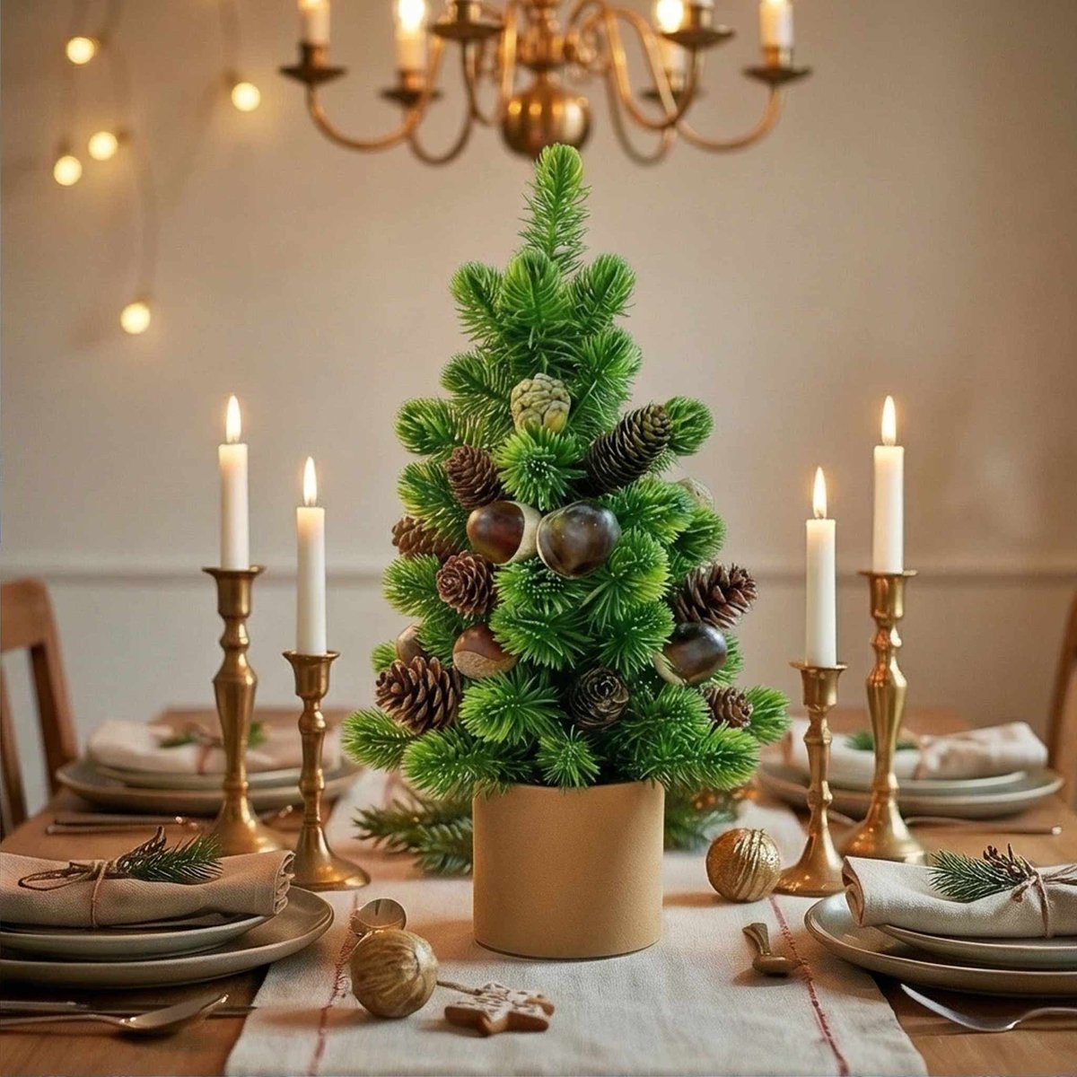 Meedeer Kerstboom-Kunstkerstboom+Kerstboomklokjes*1-H45 cm-tafelkerstboom-kerstboom met Met grote dennenappels-Met basis-Zeer Dicht Takkenstelsel-voor kerstdecoratie, feestjes（Donkergroen）