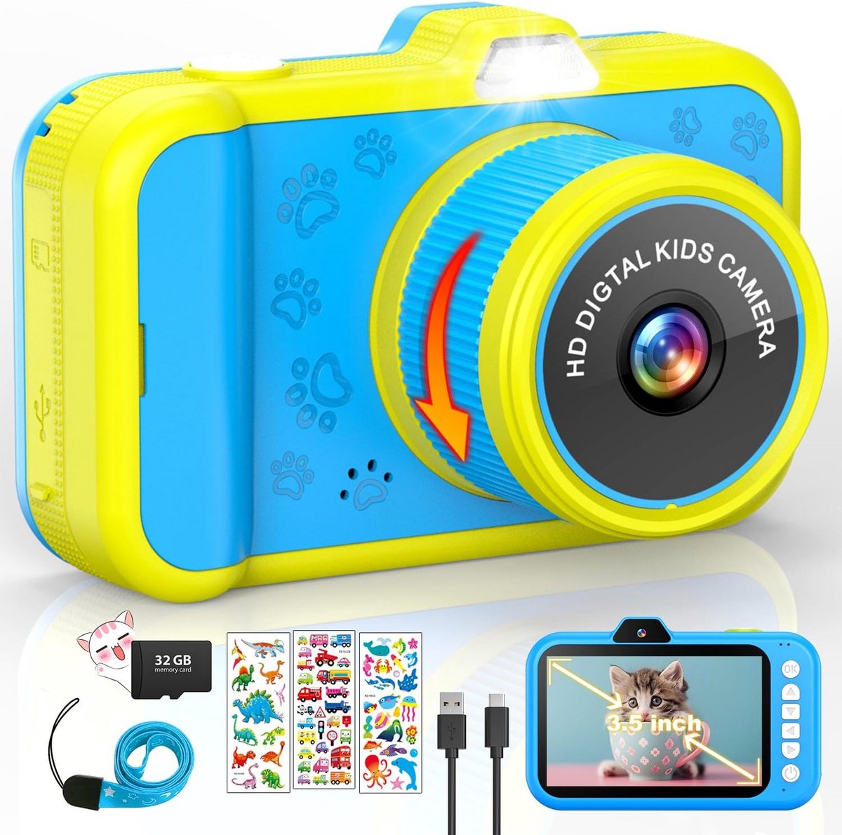 Digitale Kindercamera met 3,5 Inch Display, 360° Zoom & Selfie Fusntie - Inclusief 32GB Kaart - Blauw