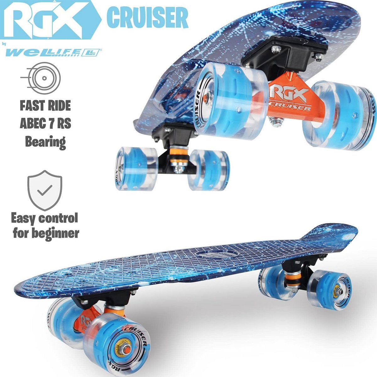 Mini Cruiser Skateboard 56 cm met LED Lichtgevende Wielen voor Kinderen en Volwassenen Blauw
