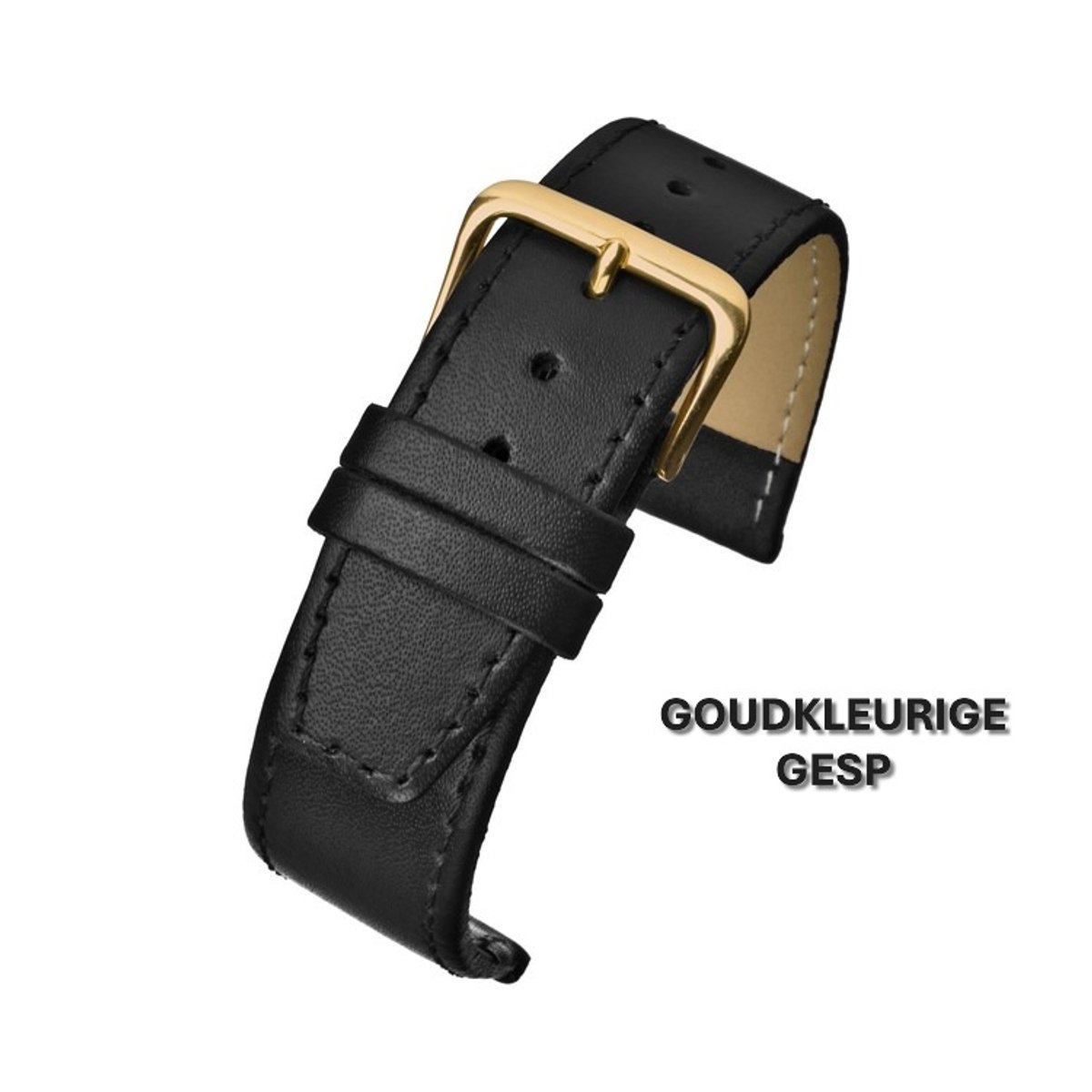 Horlogeband-horlogebandje-14mm-zwart-gestikt-echt leer-plat- goudkleurige gesp-leer-14 mm