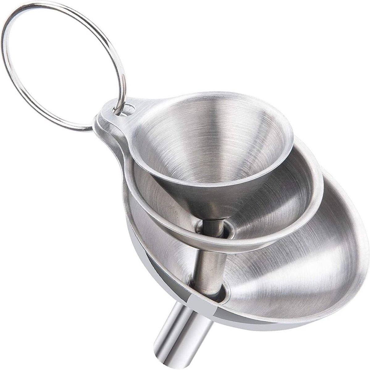 Miniatuur trechterset, 3 roestvrijstalen keukentrechters, 3 maten, zilver