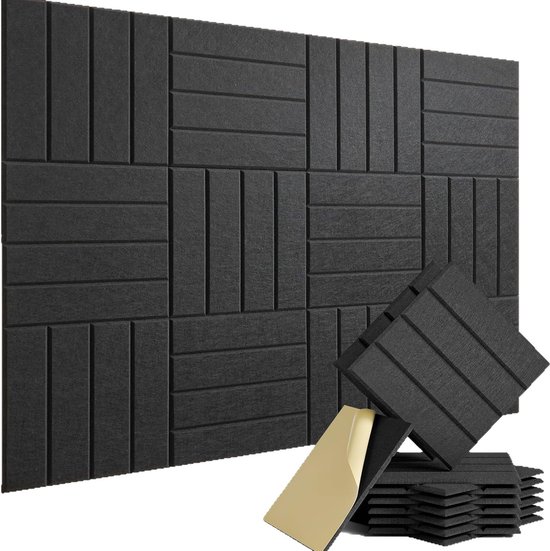 Panneaux acoustiques auto-adhésifs - Panneaux muraux anti-bruit 30 x 30 x 1 cm, panneaux muraux acoustiques en feutre pour la réduction des échos et du bruit, décoration anti-bruit pour bureaux à domicile en noir, paquet de 12 pièces
