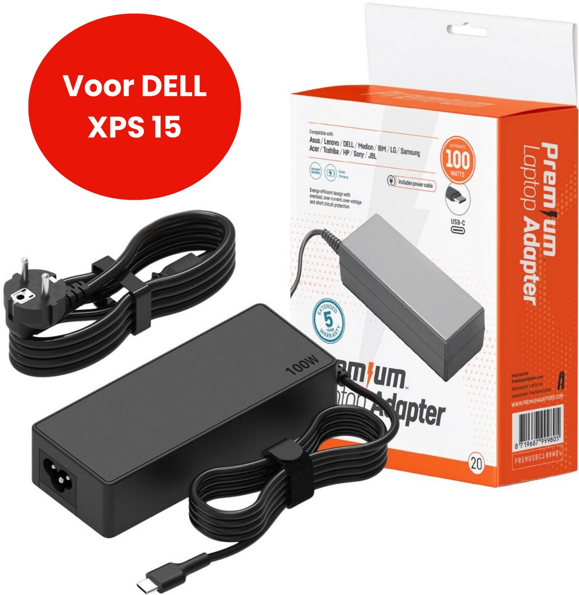 100W USB-C Laptop oplader voor Dell XPS 15 – Alle modellen vanaf 2017 – Kabel + Adapter