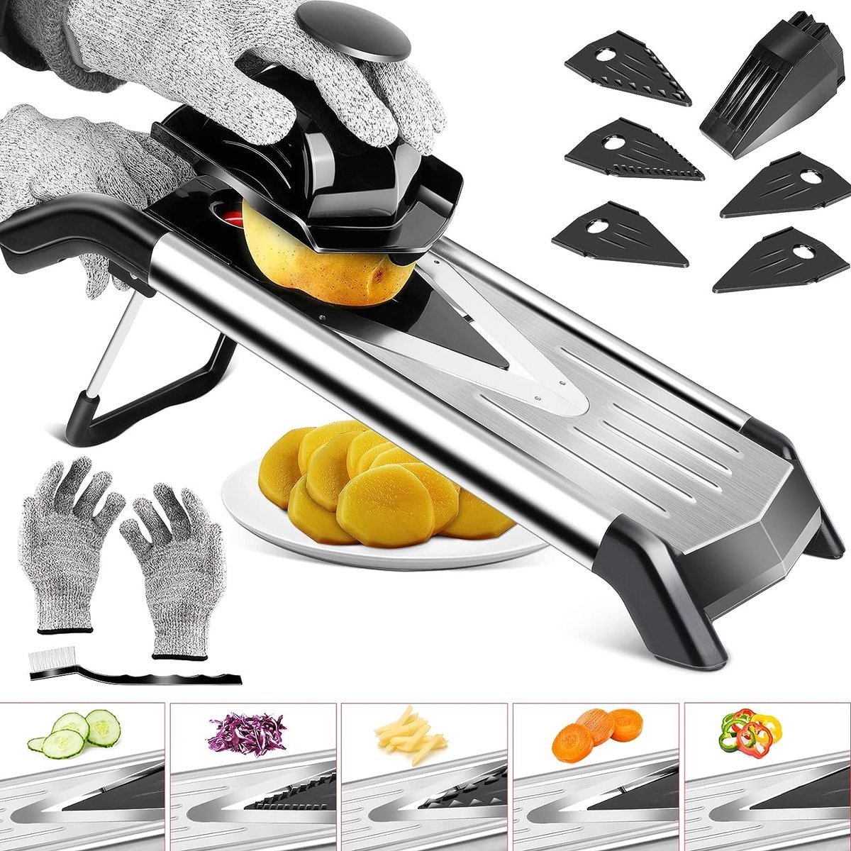 Stunq® Mandoline groentesnijder, V-lemmet, multifunctionele groenteschaaf met 5 inzetstukken, verstelbare keukenschaaf voor groenten, fruit, kaas, 1 anti-snijhandschoenen + 1 reinigingsborstel