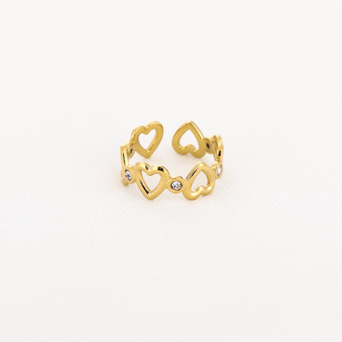 Ring Hartjes - Stainless Steel & Zirconia - Goudkleurig - Verstelbaar - Universele Maat - Verkleurt niet - Cadeau Ring