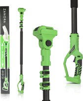 Productfoto's van de groene Zanora telescoopstok, inclusief verpakking, uitgeschoven stok en detail van het handvat.