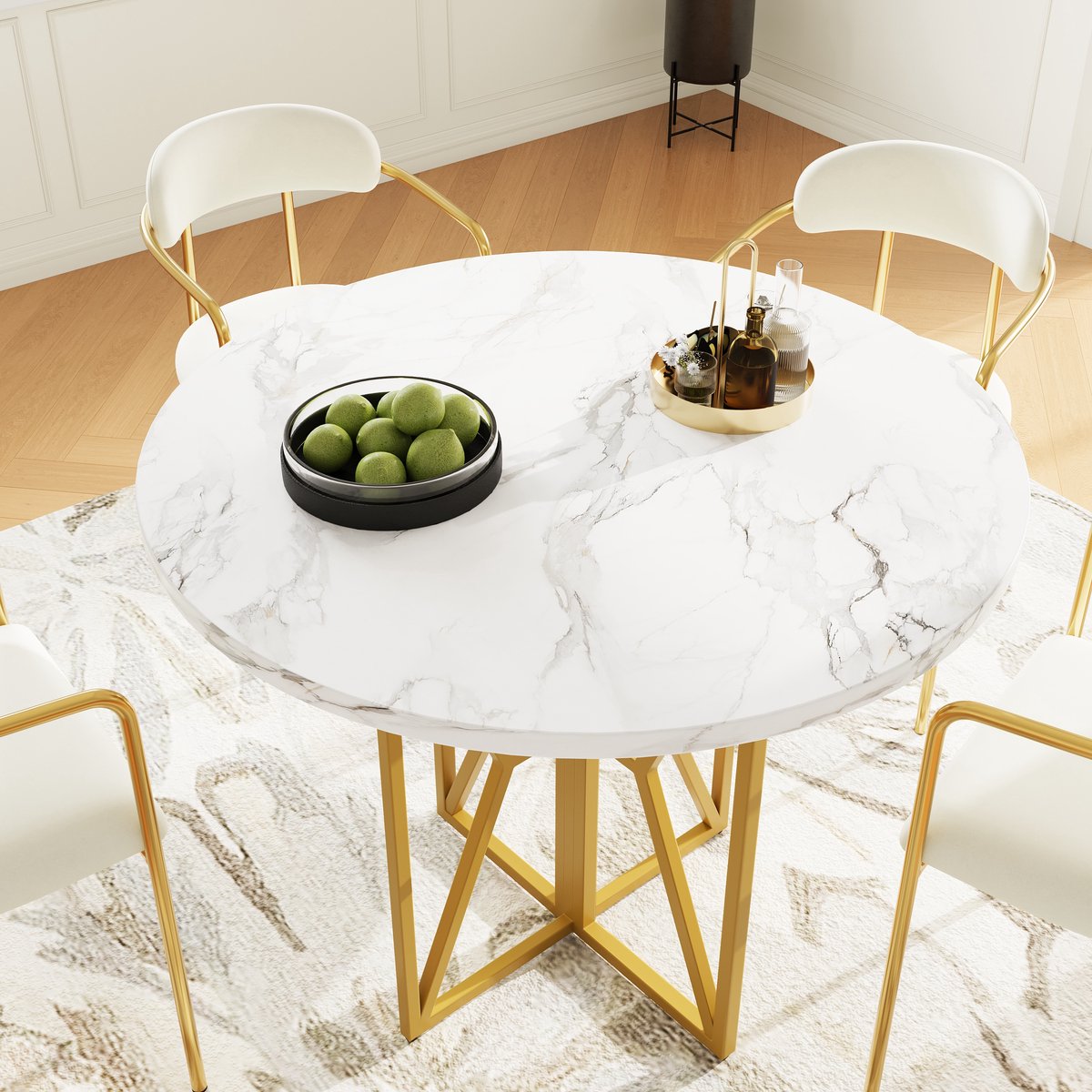 Ronde eettafel 80 x 80 x 76 cm - voor eetkamer en woonkamer - gouden tafelpoten - tafelblad met marmerpatroon
