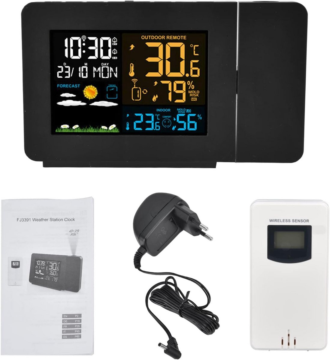 Digitale Projectie Wekker met Weerstation, Binnen/Buiten Temperatuurmeter en Luchtvochtigheidssensor