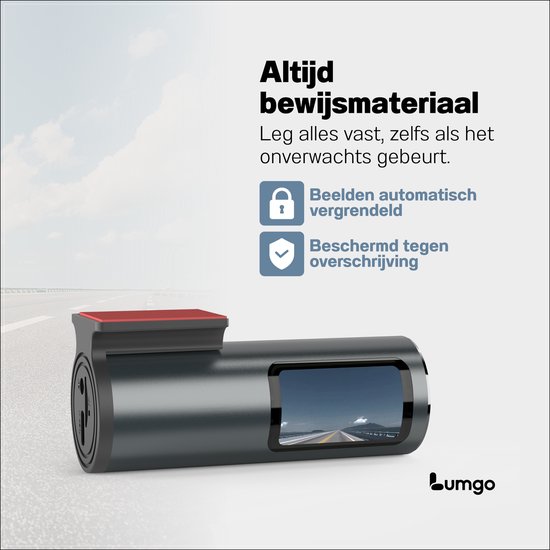 Grijze dashcam met rode bevestiging en tekst "Altijd bewijsmateriaal".