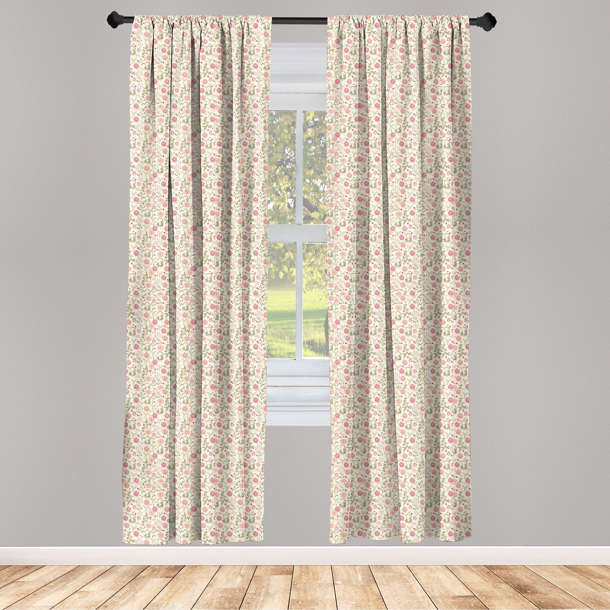 ABAKUHAUS Bloemen Gordijn – 2-delig 75×175 cm – Microvezel, met roedegleuf – Perzik Groen Roze