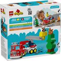 Emballage LEGO Duplo 10473 : Camion de pompiers rouge, enfant, arbre, écureuil et flammes.