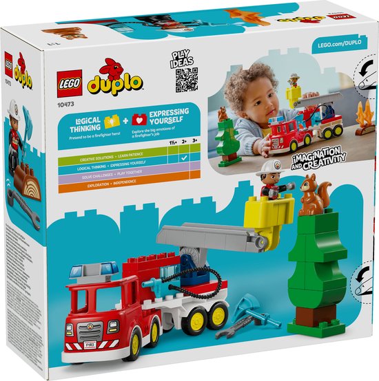 Emballage LEGO Duplo 10473 : Camion de pompiers rouge, enfant, arbre, écureuil et flammes.
