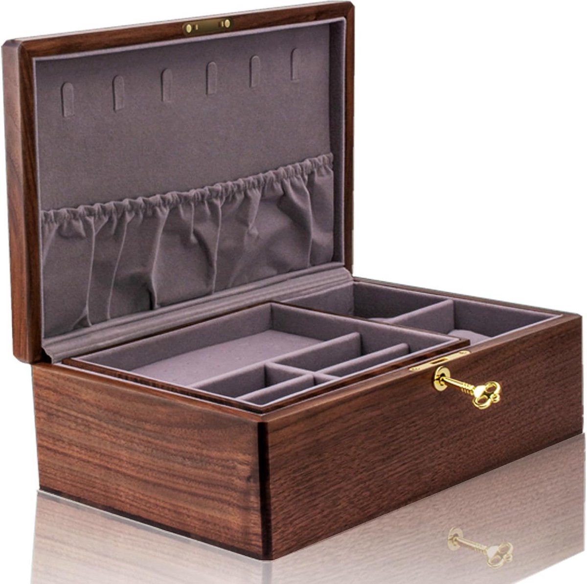 Luxe Zwarte Walnoot Houten Sieradendoos - Organiser met Fluweel Voering