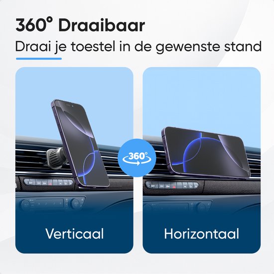Demonstratie van de 360° draaibare functie van een magnetische telefoonhouder, in zowel verticale als horizontale positie.