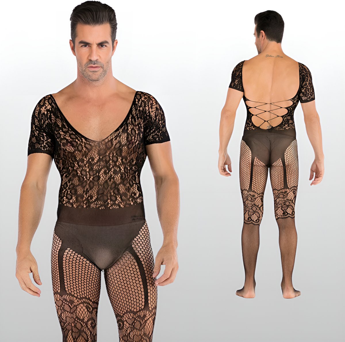 LekkerStout Heren Catsuit met Open Kruis - Zwart - Visnet Herenlingerie - One Size S-XL | LS141
