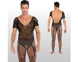 LekkerStout Heren Catsuit met Open Kruis - Zwart - Visnet Herenlingerie - One Size S-XL | LS141
