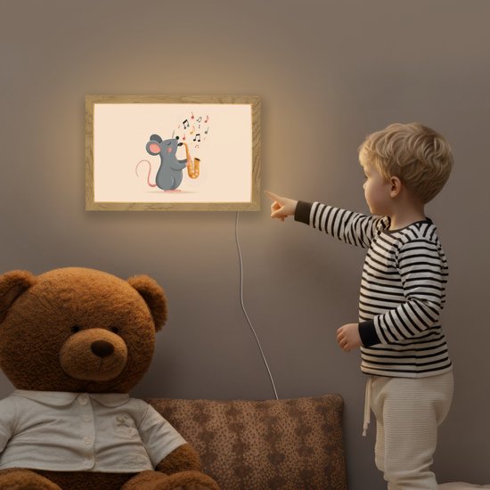 Nachtlampje 30x20 cm - Kinder lampje - Muis - Saxofoon - Muzieknoten - Tafellamp kinderkamer - Slaapkamer lamp - Bedlamp kinderen - Kinderlampje stopcontact - Wandlamp babykamer - Nachtlampjes van Merkloos — afbeelding 5