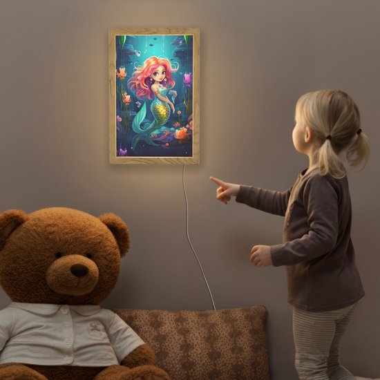 Nachtlampje 20x30 cm - Kinder lampje - Zeemeermin - Bloemen - Onderwater - Meisjes - Kind - Tafellamp kinderkamer - Slaapkamer lamp - Bedlamp kinderen - Kinderlampje stopcontact - Wandlamp babykamer - Nachtlampjes van OnlyWow — afbeelding 5