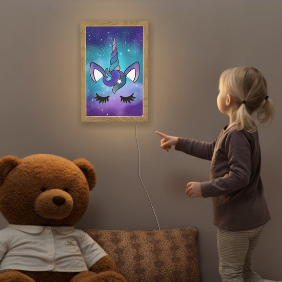 Nachtlampje 20x30 cm - Kinder lamp - Eenhoorn - Sterrenhemel - Ster - Blauw - Tafellamp kinderkamer - Slaapkamer lamp - Bedlamp kinderen - Kinderlampje stopcontact - Wandlamp babykamer - Nachtlampjes van Smart LoCo — afbeelding 5