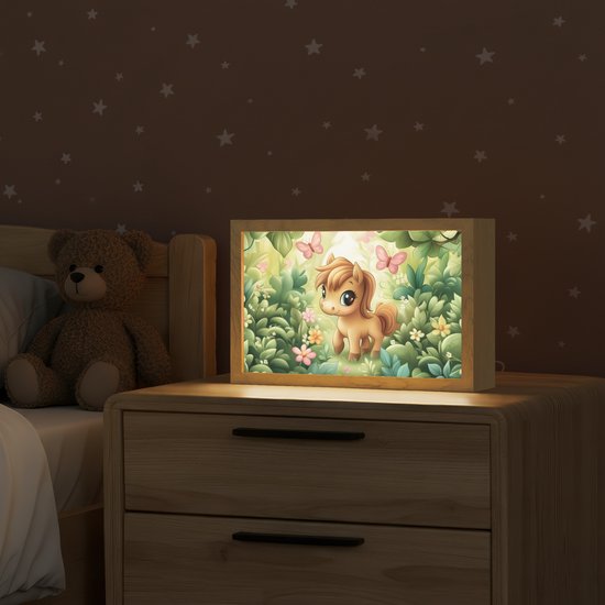 Nachtlampje 30x20 cm - Kinder lamp - Pony - Bruin - Cartoon - Vlinders - Tafellamp kinderkamer - Slaapkamer lamp - Bedlamp kinderen - Kinderlampje stopcontact - Wandlamp babykamer - Nachtlampjes van Merkloos — afbeelding 2