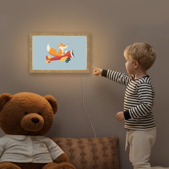 Nachtlampje 30x20 cm - Kinder lampje - Vos - Vliegtuig - Blauw - Tafellamp kinderkamer - Slaapkamer lamp - Bedlamp kinderen - Kinderlampje stopcontact - Wandlamp babykamer - Nachtlampjes van Merkloos — afbeelding 5