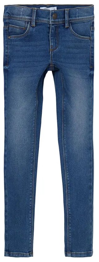 Blauwe skinny jeans met vijf zakken en een knoop- en ritssluiting.