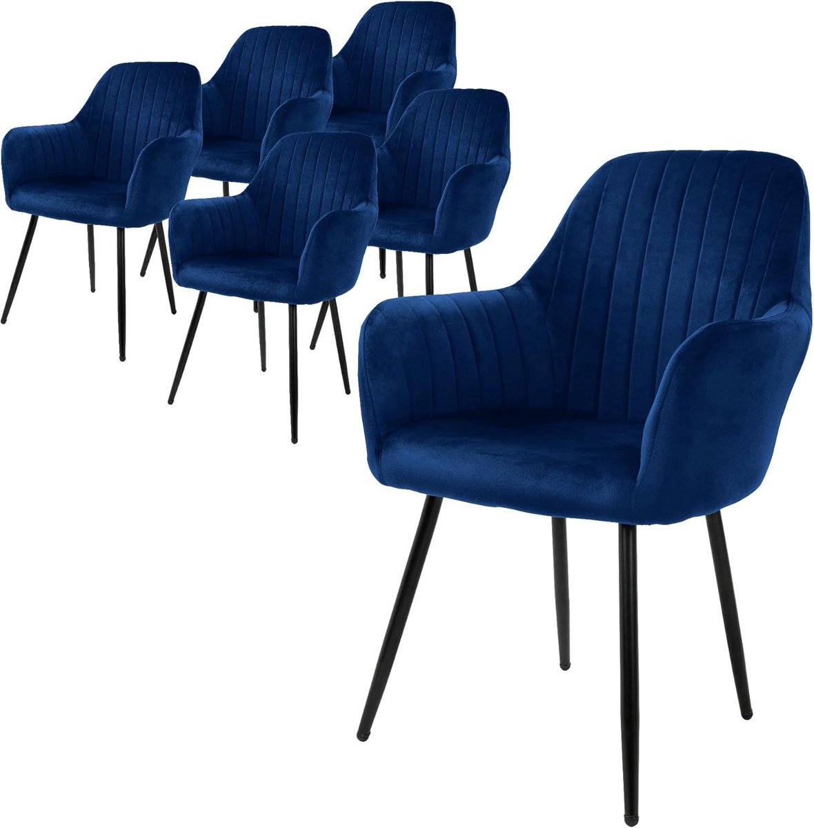 Set van 6 Eetkamerstoelen Blauw Fluweel met Armleuning en Metalen Poten