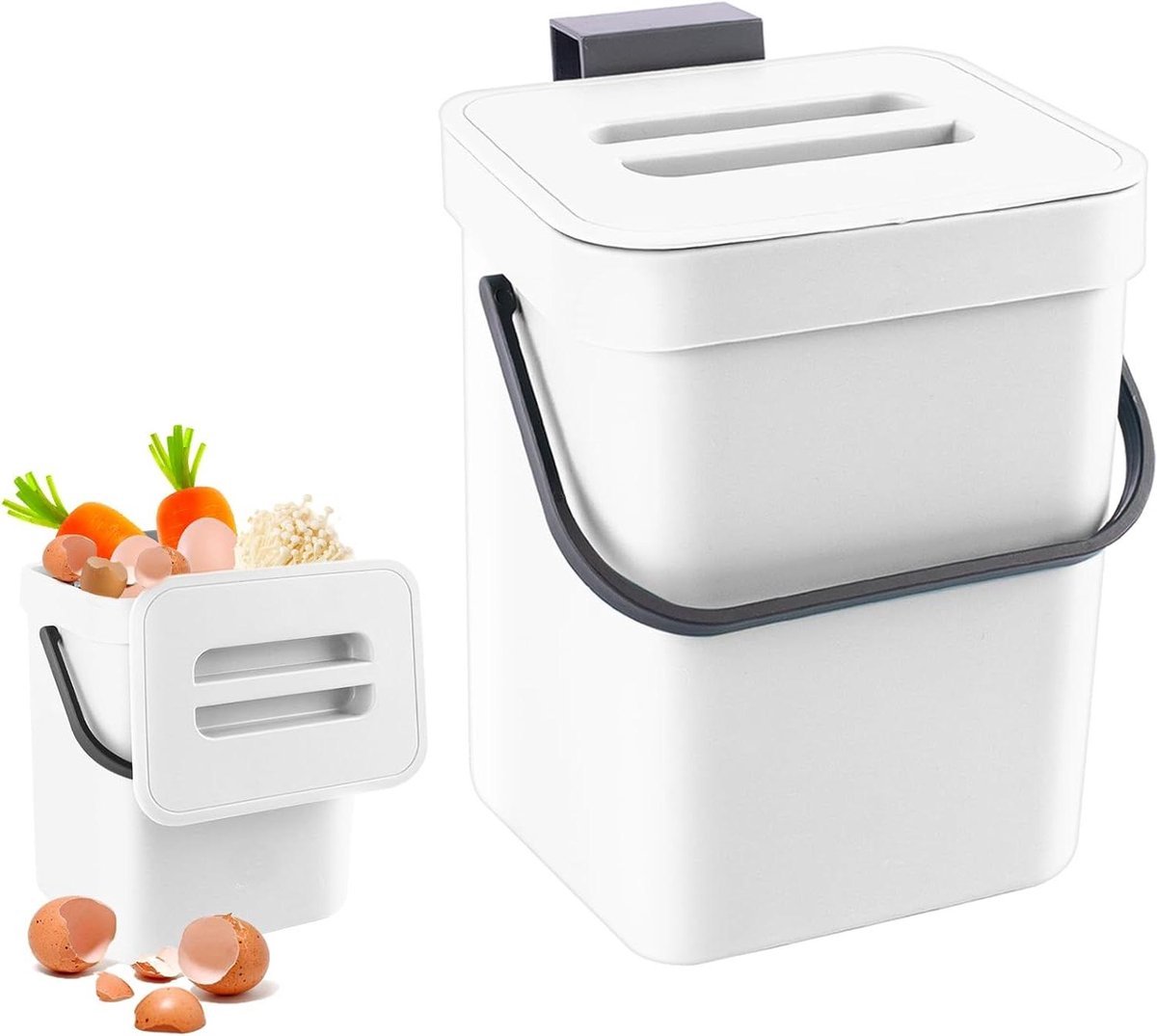 Stunq® Keukenafvalbakje - Hangend Bio-Afvalbakje - Werkbladafvalbakje met Deksel - Binnencompostbakje 3L Wit