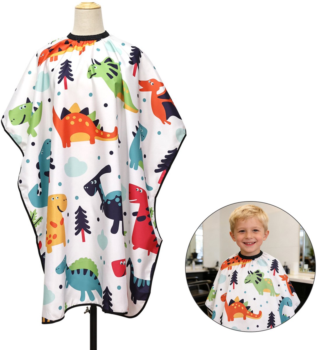 Kinder Kappersmantel - Kapselmuts - Kinderkapselschort - Kapselmuts in schortstijl - Waterdichte kapselmuts - Dinosauruspatroon - Herbruikbaar - Geschikt voor kinderkapsels, kapperszaken en thuiskapsels - Wit