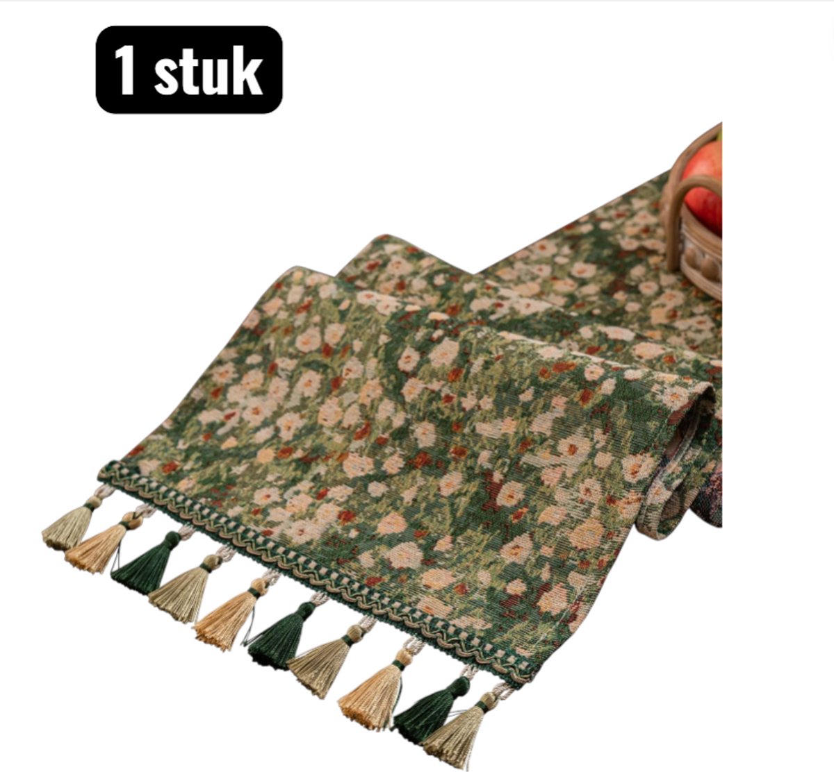 1 stuk - Tafelloper - Tabel loper - TV Meubel Beschermer - Lange Tafelkleed in Katoen Look Stijl - 350x33cm - Lange tafeldecoratie- Katoen Linnen Look - Bloemenpatroon - Groen