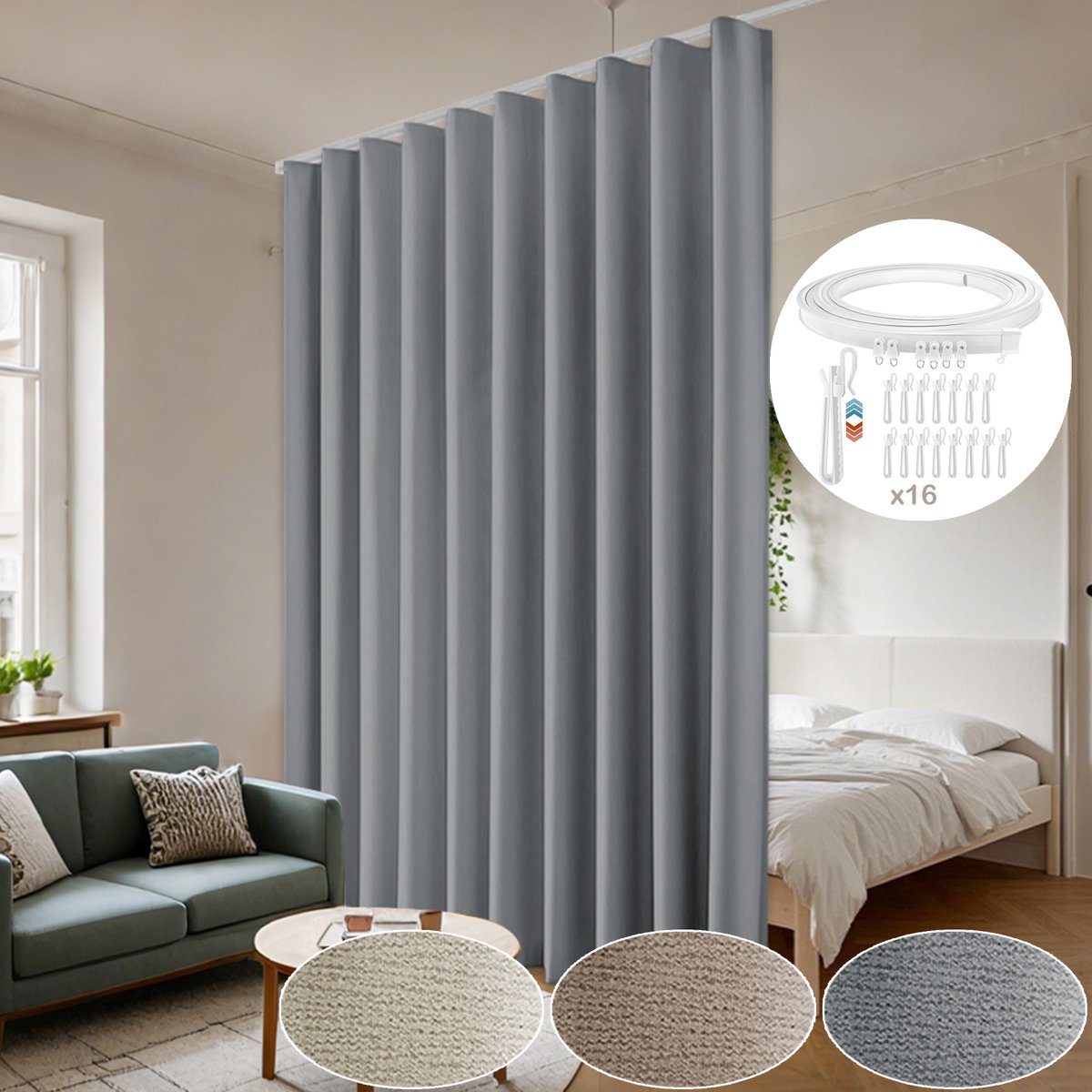 MUPOO Verduisterend Gordijn Set – Flexibele Rail, Licht-, Geluid- en Warmtewerend – Stijlvolle Kamerafscheiding voor Woonkamer & Slaapkamer 