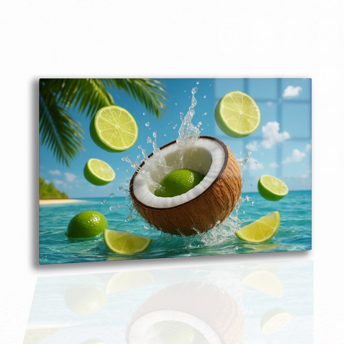 Kokosnoot limoen in splash – wanddecoratie – Glasschilderij – 75x50 cm
