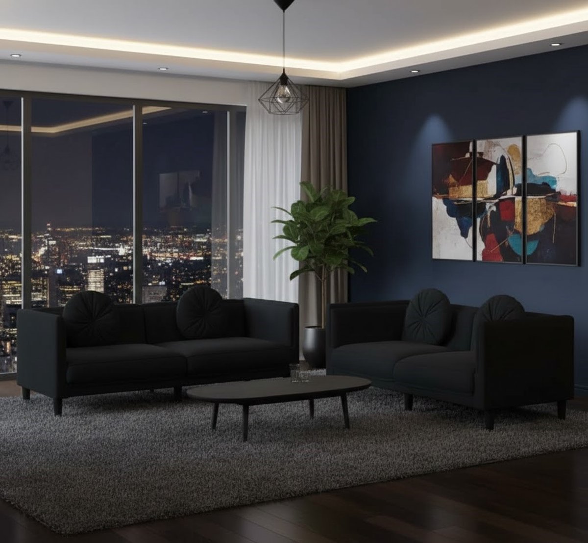 Luxe 2-Delige Zwarte Fluwelen Sofa Set met Kussens – Comfortabele Woonkamerbank met Armleuningen en Designer Lounge Stoelen – Gestoffeerd Meubel voor Woonkamer, Kantoor of Lounge