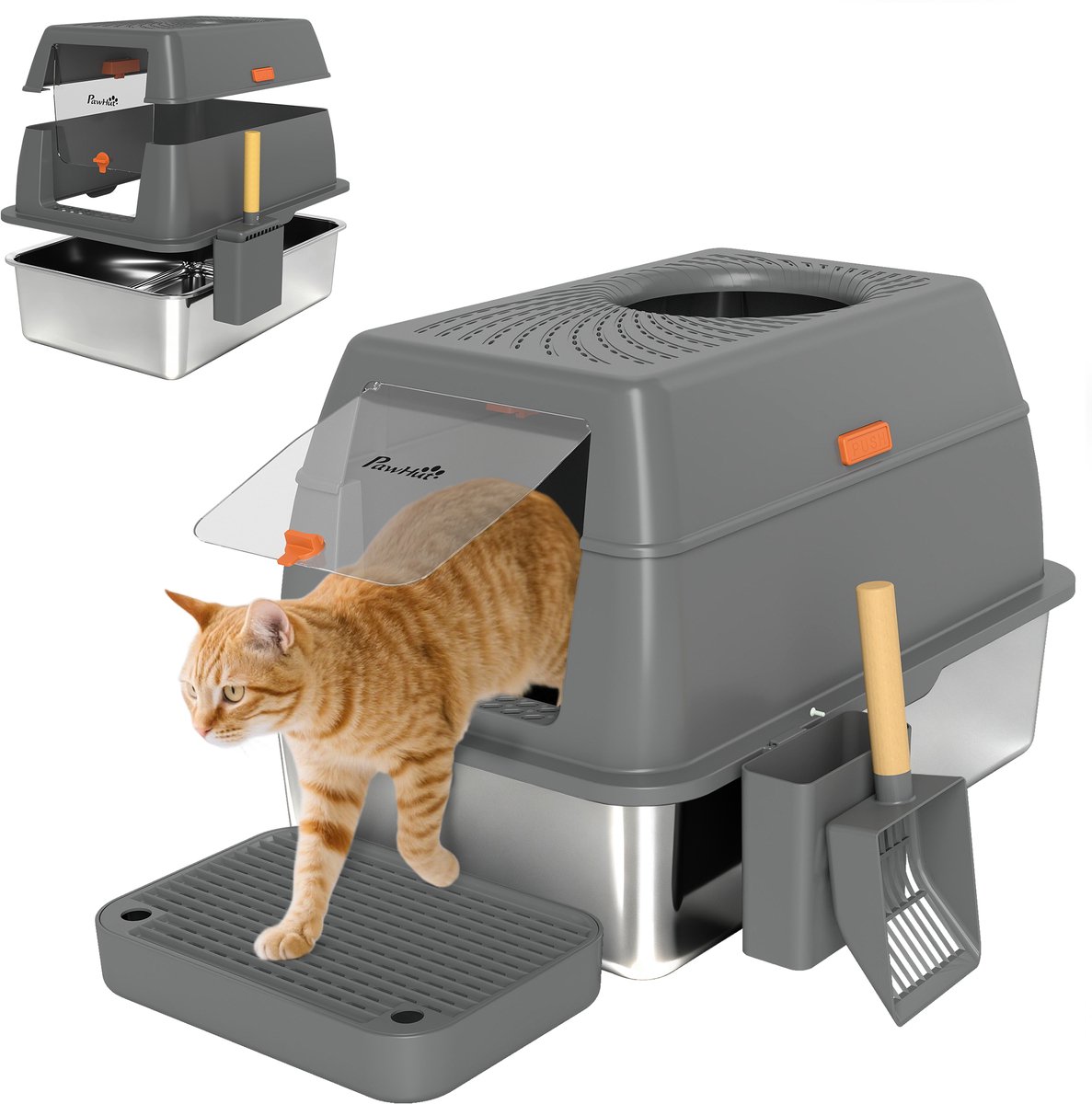 PawHut Kattenbak - Roestvrij staal, ABS - 60x40x38cm - Donkergrijs