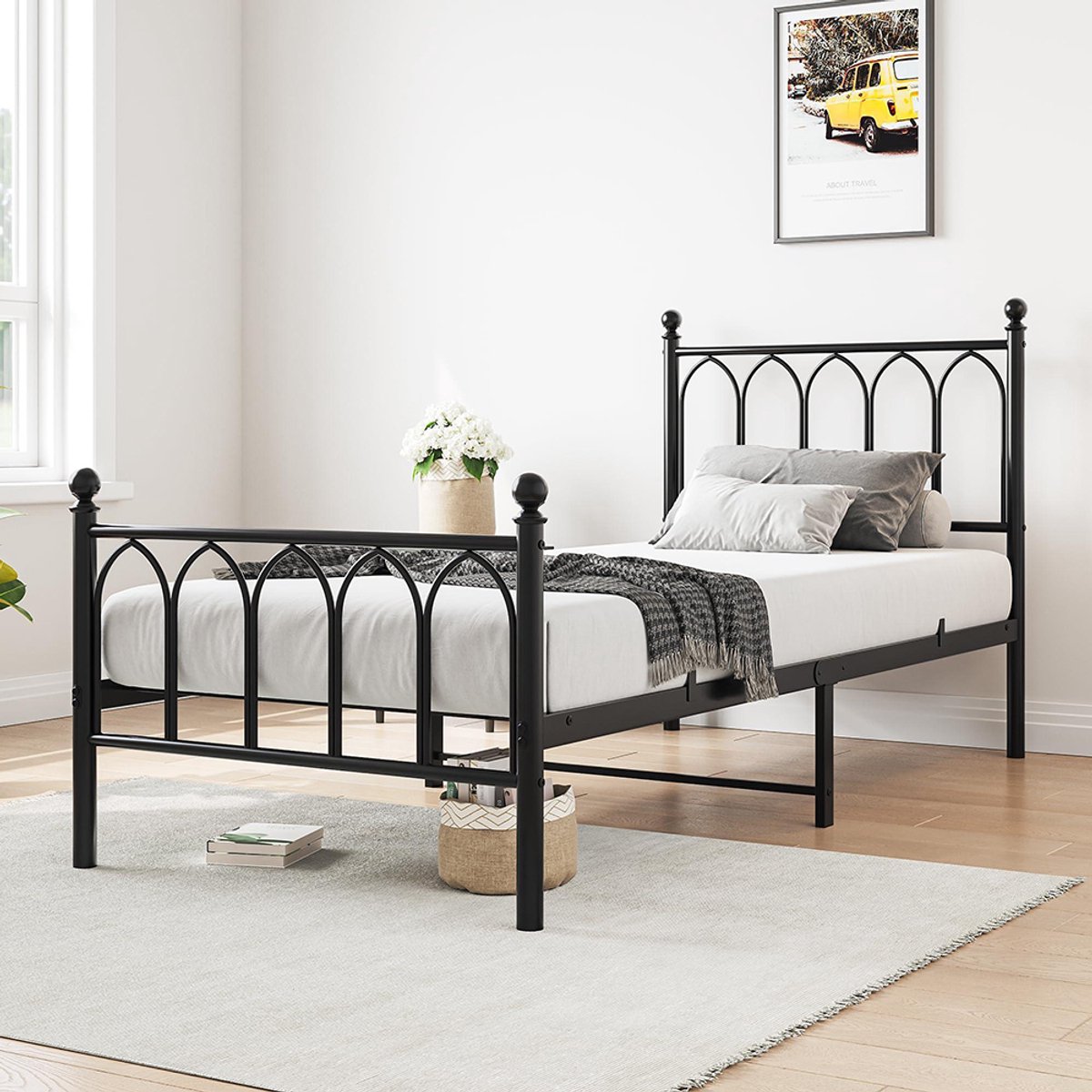 BLACKCOLORS Metalen bedframe 90x200 cm met vintage hoofdeinde en voeteneinde, ultrasterke stalen latten, opbergruimte onder het bed, geen lattenbodem nodig, zwart