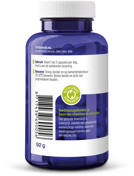 Achterkant van een donkerblauwe pot met barcode, gewicht en gebruiks- en bewaarinstructies.