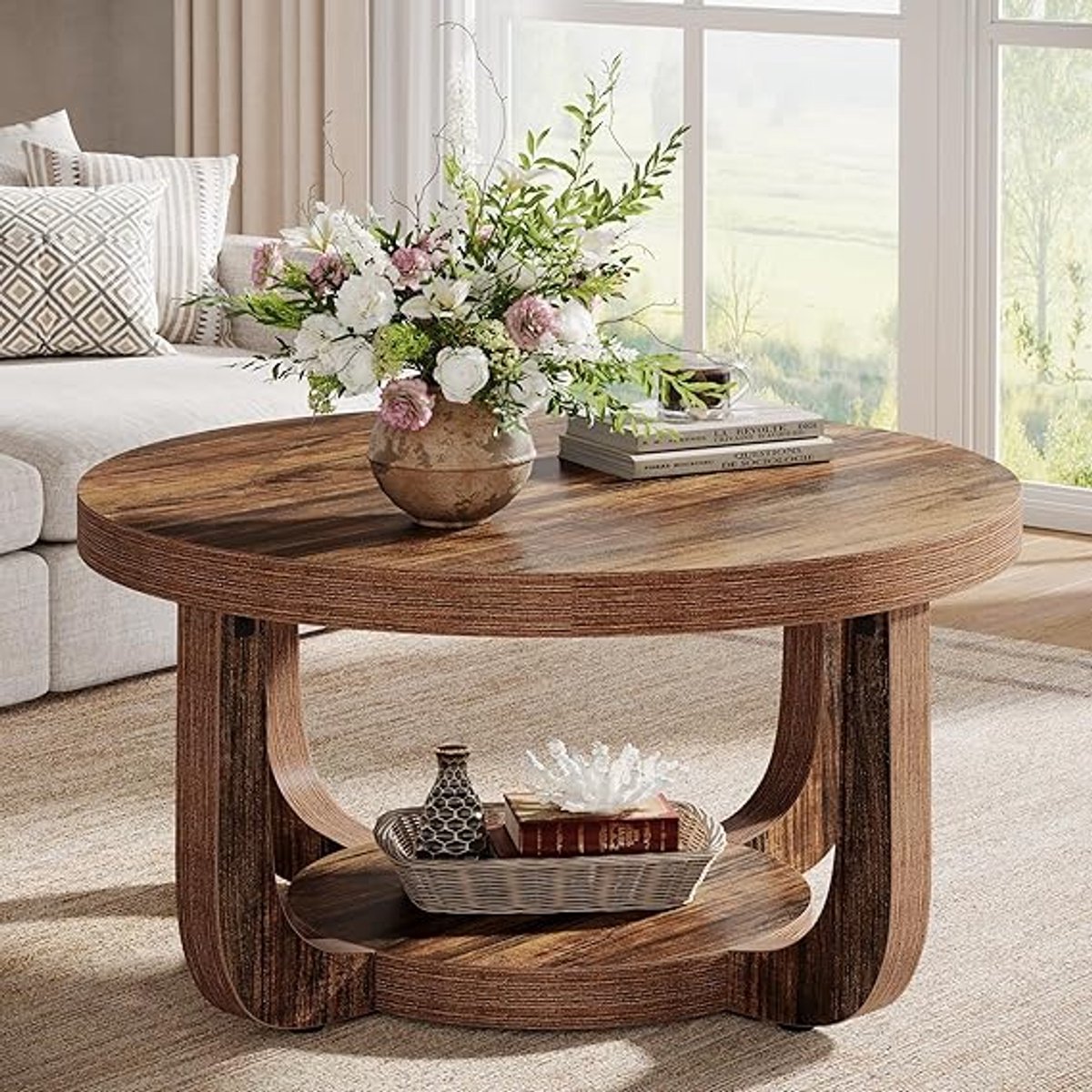 Ronde Salontafel 80 cm – 2-Lagen Houten Tafel met Opbergruimte voor Woonkamer – Rustiek Bruin – House&Garden
