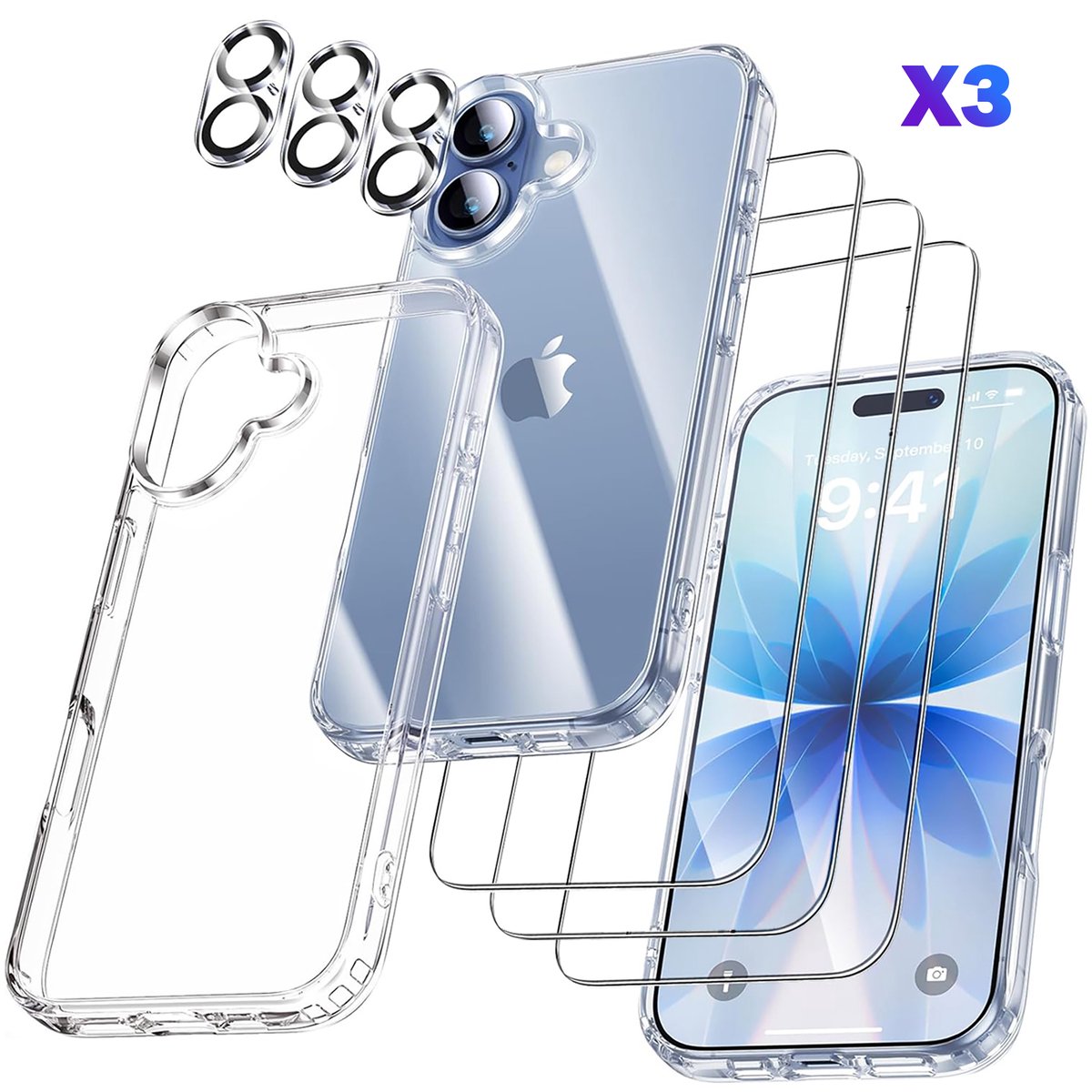 OYLCDI iPhone 17 Beschermingsset – 3x Gehard Glas Screenprotector + 3x Camera Lens Protector + Schokbestendige TPU Hoes met Versterkte Hoeken iPhone 17 hoesjespakket