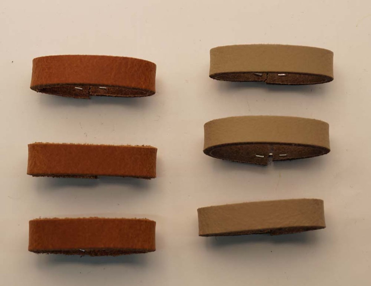 6 Leren riemlussen voor broekriem van 4 cm breed 3x beige, 3x bruin - riemlusje vervangen - riemlusjes bruin - riemlusjes beige - leren riem passanten - riem lusje kwijt die vervangen - leren riem repareren met lusje