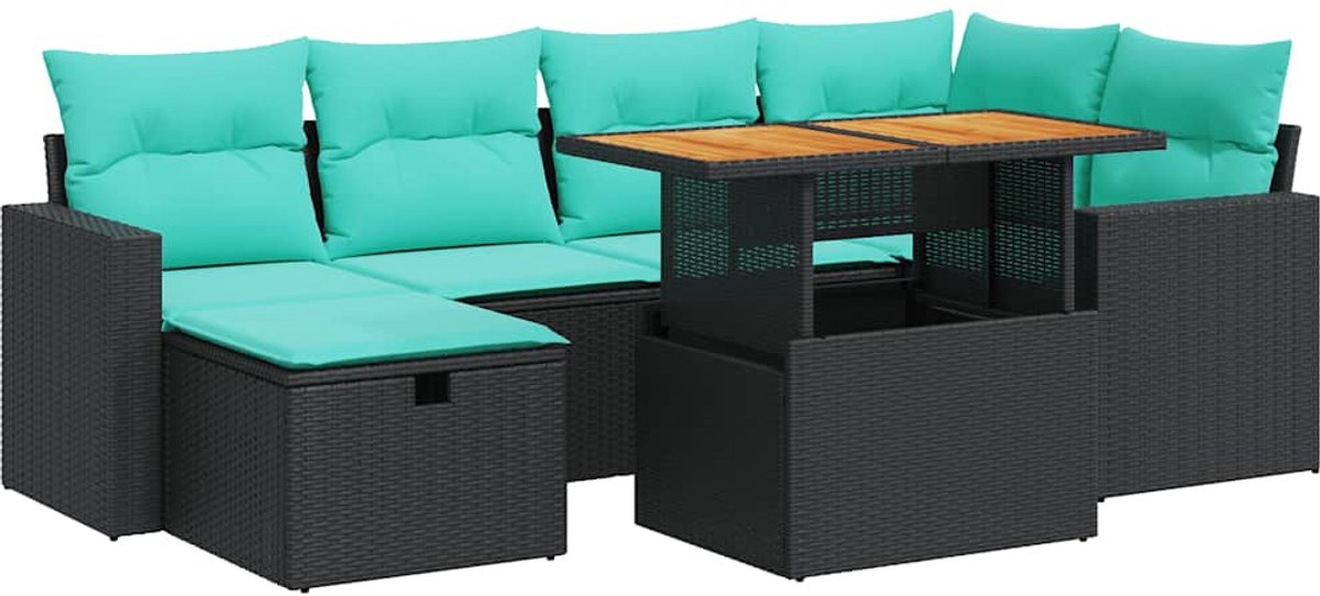 vidaXL 7-delige - Loungeset - met - kussens - poly - rattan - acacia - bruin zwart