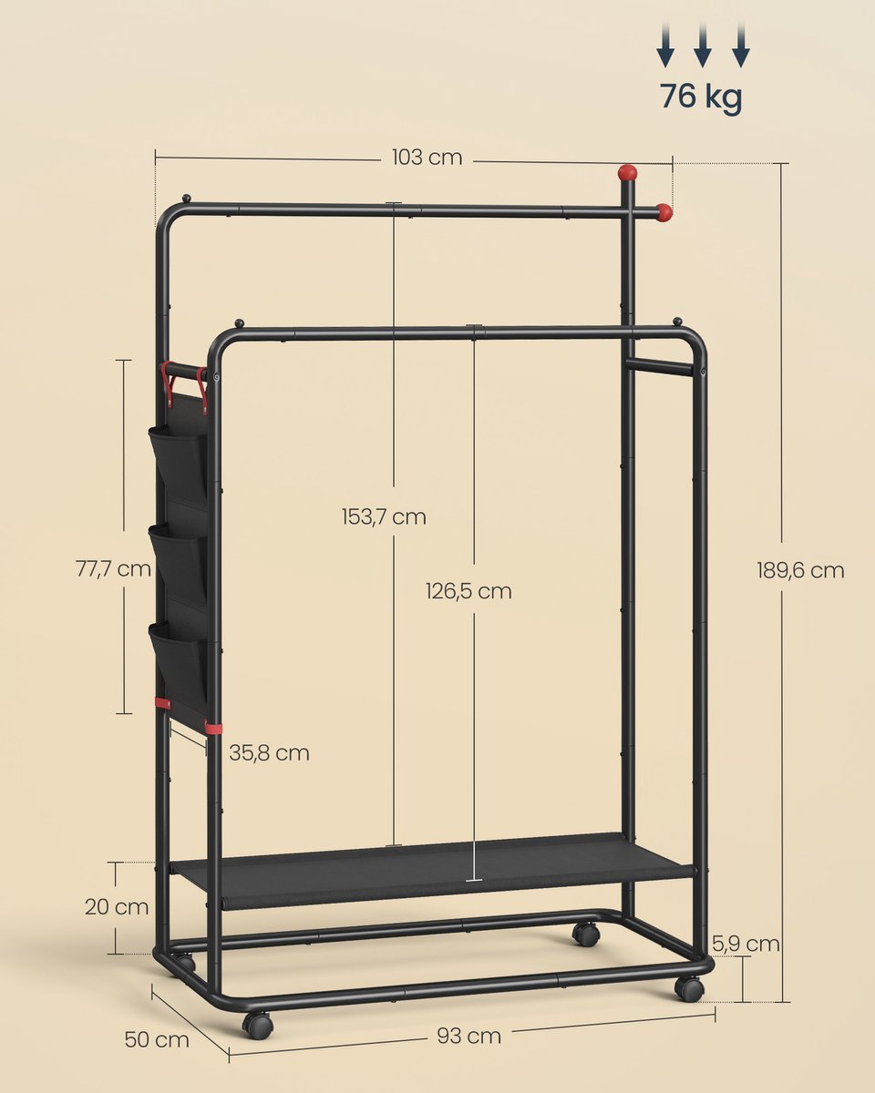 MAZAZU Dubbel Kledingrek op Wielen - Zwart Metaal - Garderoberek met Schoenenrek & Hangorganizer (3 Vakken) - 189 cm Hoog - Belastbaar tot 76 kg - Kapstok – foto 5