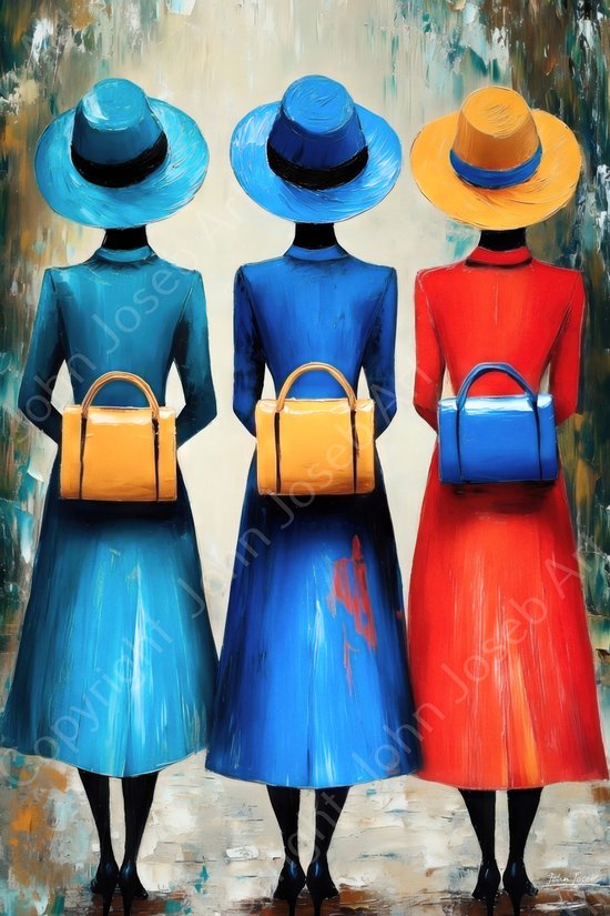 JJ-Art (Canvas) 120x80 | Vrouwen met jas, rugtas en hoedjes, figuratief abstract, vrouw, mens, positiviteit, kunst, vrouw, hoed, tas, blauw, rood, geel, modern | Foto-Schilderij canvas print (wanddecoratie)
