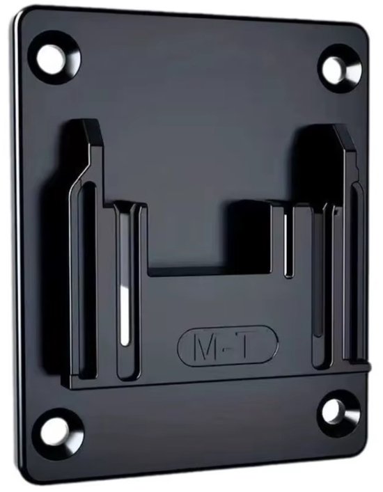 Support d'outil noir en plastique avec quatre trous de vis et un logo 'M-T'.