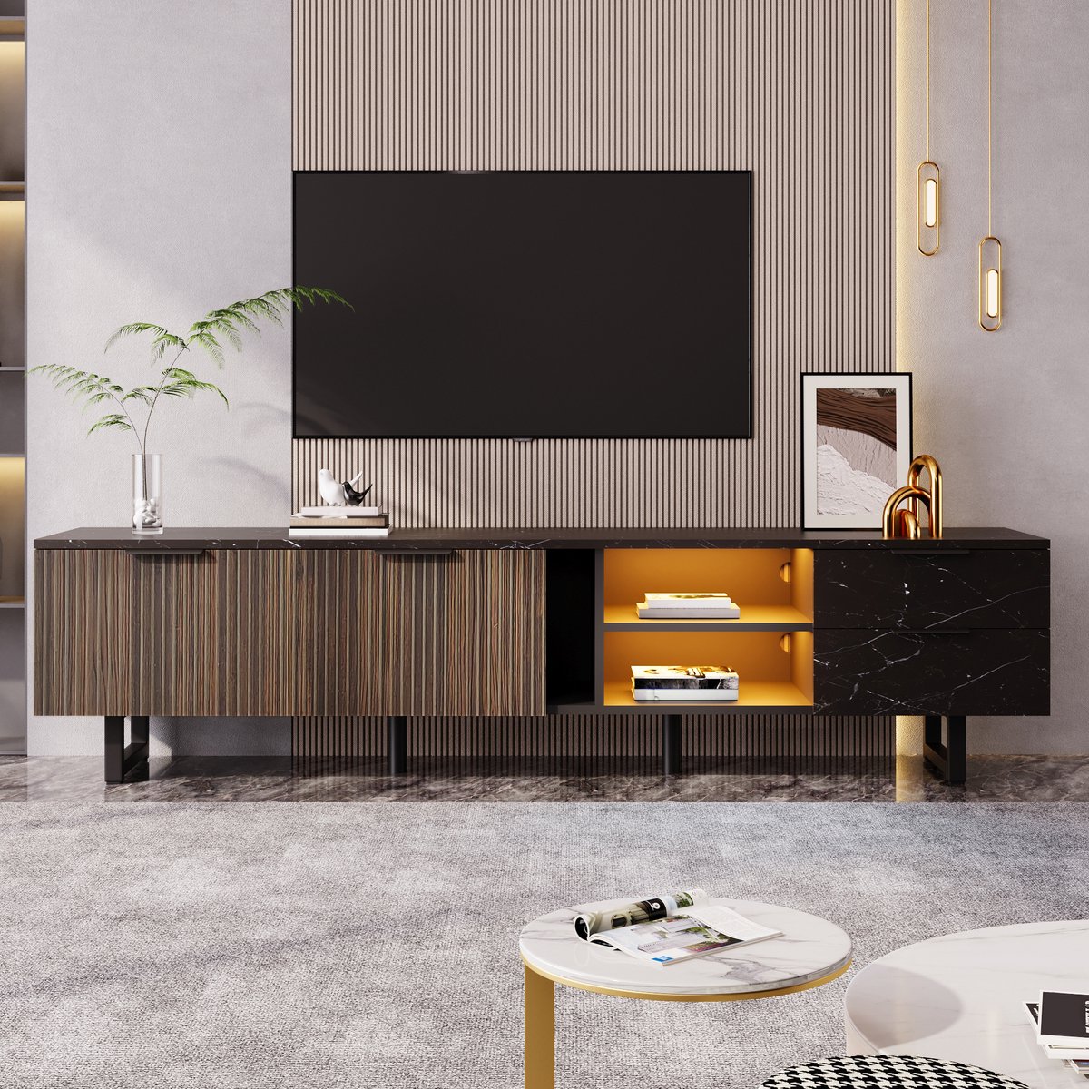 MODFU TV-meubel 200 x 38 x 50 cm, zwarte marmerlook en houtnerf, met opbergruimte, LED en geschikt voor robotstofzuiger