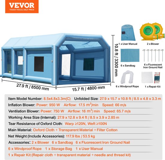 VEVOR Opblaasbare Spuitcabine, 8,5 x 4,8 x 3,3 M Opblaasbare Spuitcabine, met 950+750w Krachtig Blaas- en Luchtfiltersysteem, Autolakcabine voor Kleine Vrachtwagens, Motorfietsen van Merkloos — afbeelding 5
