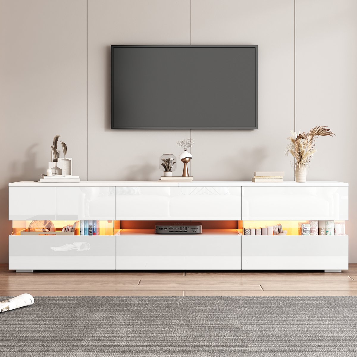 MODFU TV-meubel 160x39x45 cm van spaanplaat, wit hoogglans, met LED-verlichting en drukopeningen