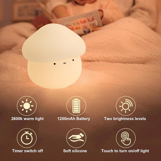 Kinder Nachtlampje - Paddenstoel Nachtlamp - Siliconen Bedlampje - Oplaadbaar LED Nachtlicht - Touch Dimbaar - Met Timer - Baby & Kinderkamer Decoratie van Merkloos — afbeelding 2
